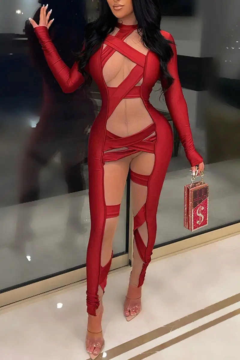 Sexy Solid Split Joint See-through O Neck Regular Jumpsuits