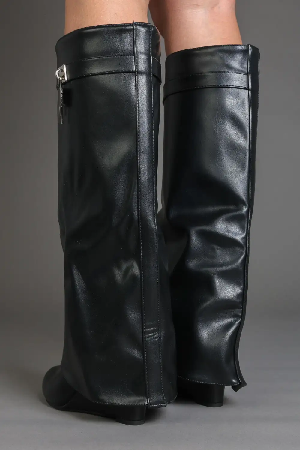 Western Fold-Over Padlock Detail Wedge Knee High Boots