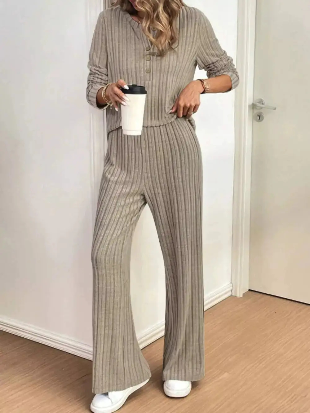 Plus Size Ribbed Knit Button Front Top and Pants Set