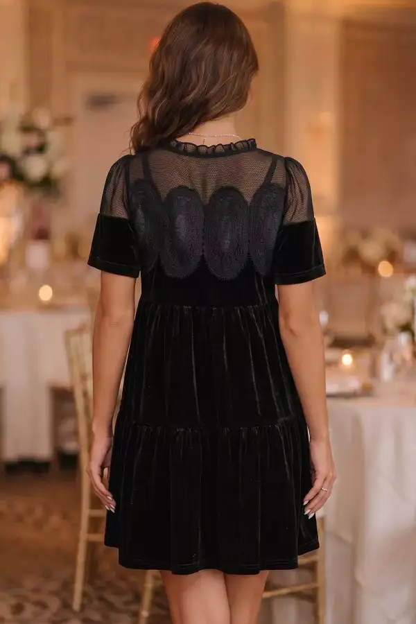 Embroidered Velvet Short Sleeve Mini Shift Dress