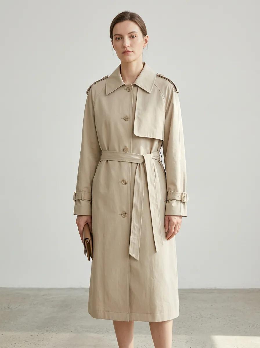 Women's Classic Beige Double Breasted Belted Long Trench Coat