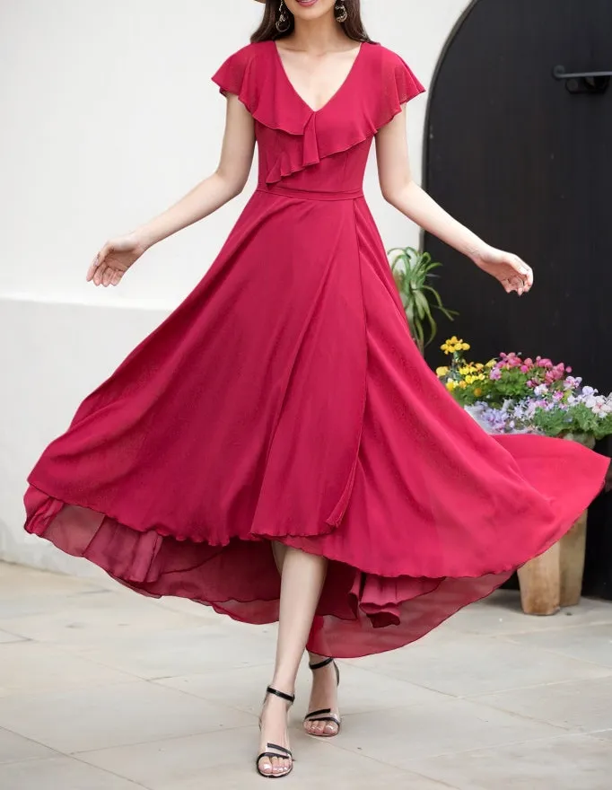 Refined Chiffon Ruffle V Neck Midi Dress