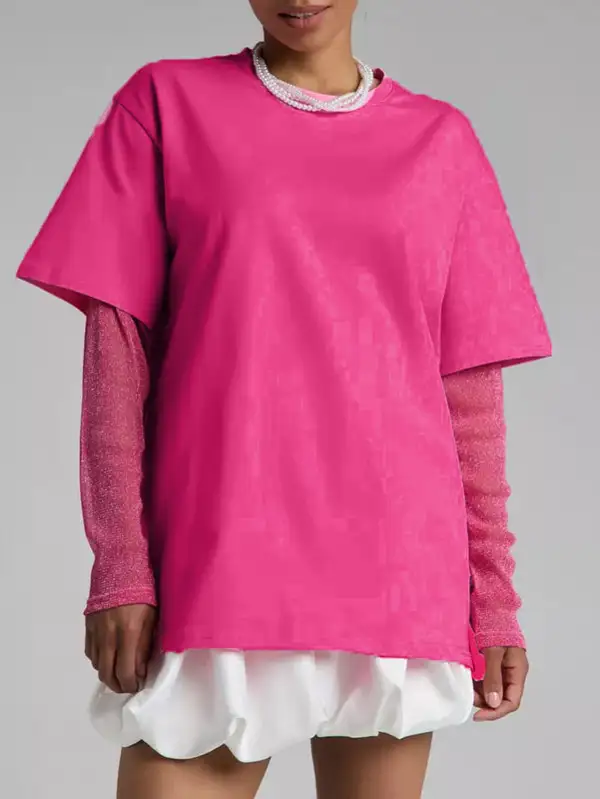 Layered Look Relaxed Sheer Panel Detail Sun Protection Round Neck T-Shirt