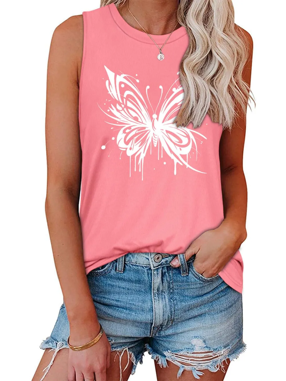 White Butterfly Print Tank Top