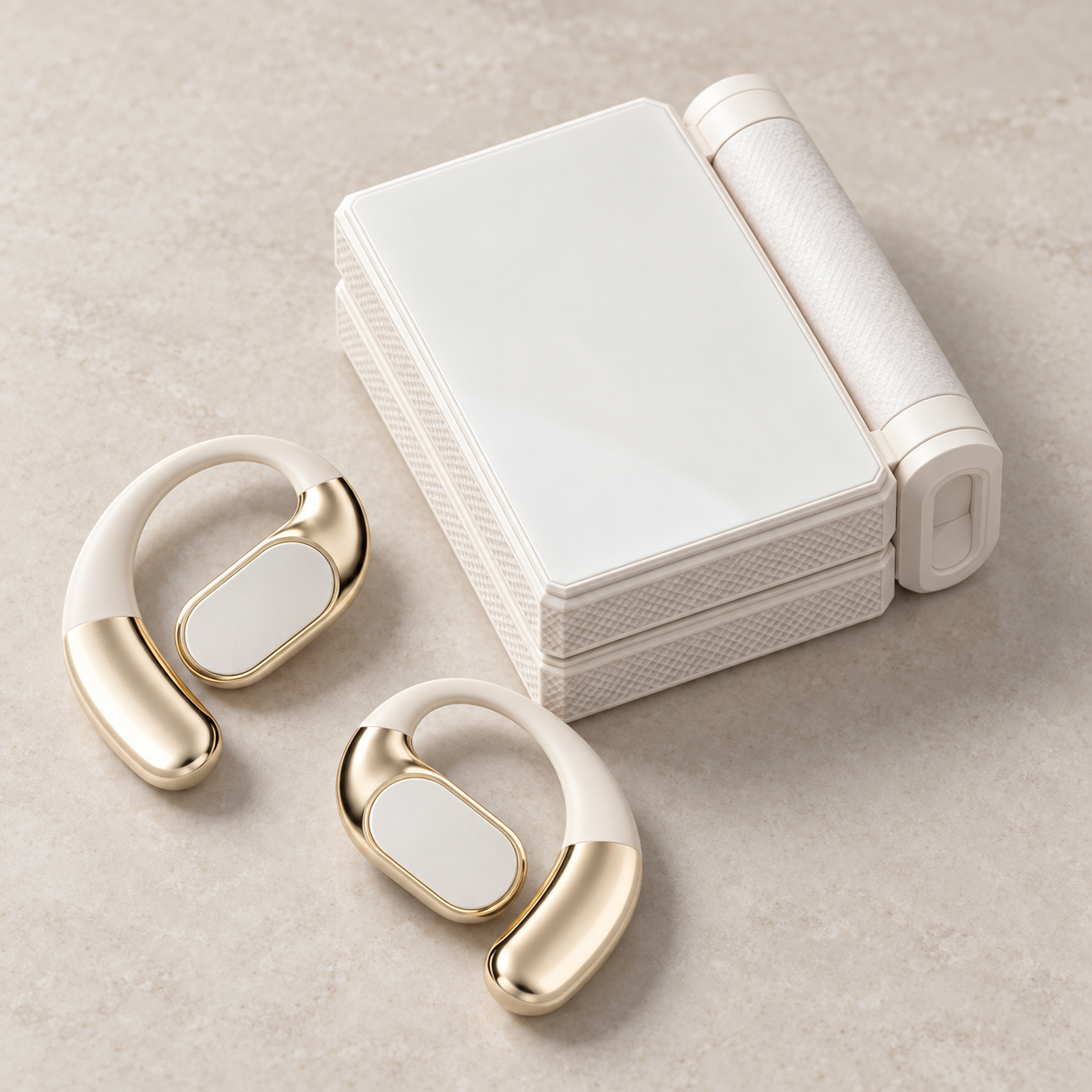 Ivory and champagne earbuds with matching white folding case