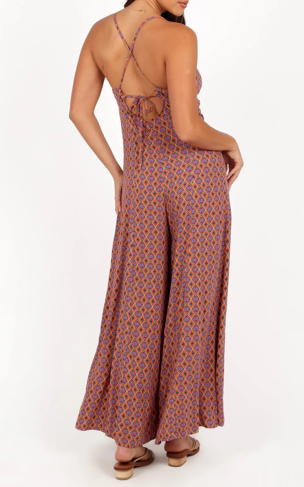 V-Neck Open-Back Wide-Leg Sleeveless Printed Jumpsuit
