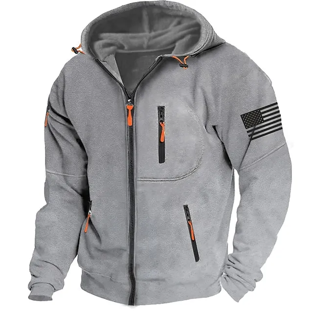 Independence Day American Flag Hoodie Mens Graphic Tactical Military National Fashion Daily Casual Outerwear Zip Vacation Going Streetwear Hoodies Dark Blue Gray Grey Fleece