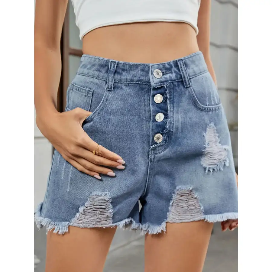 Simple Distressed Raw Hem Denim Shorts