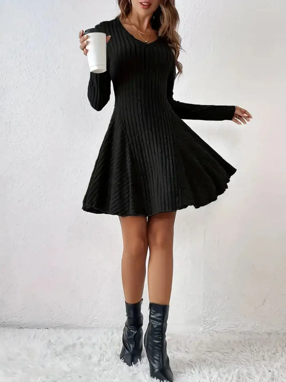 Ribbed Knit Long Sleeve Sweater Dress