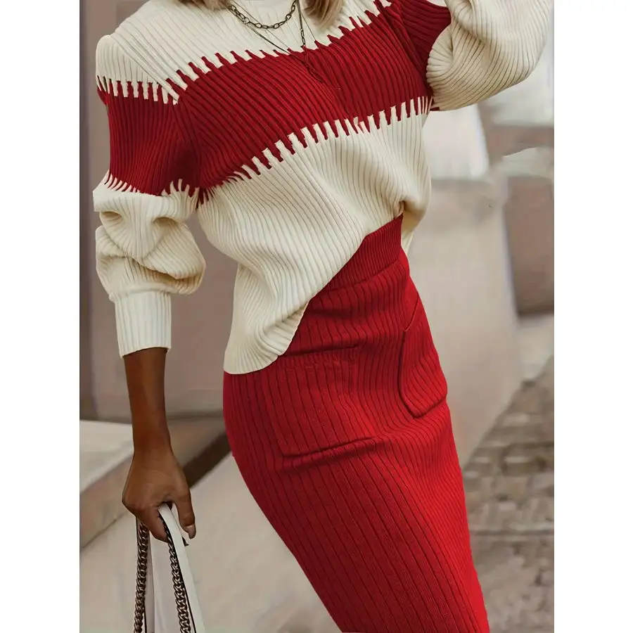 Two Tone Ribbed Knit Top and Skirt Sweater Set