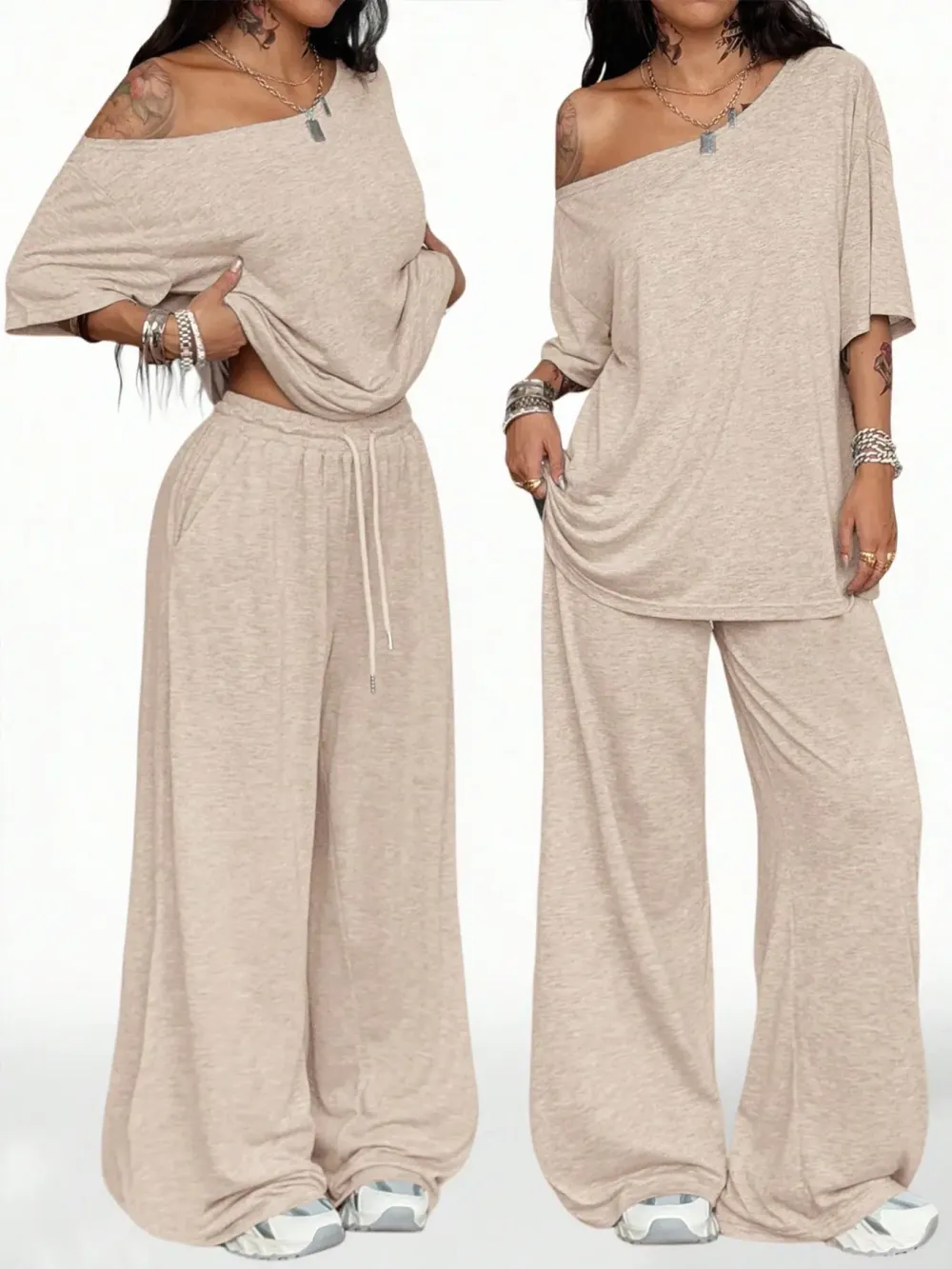 Women’s Casual Two-Piece Set – Wide-Leg Pants & Slant Neck Top