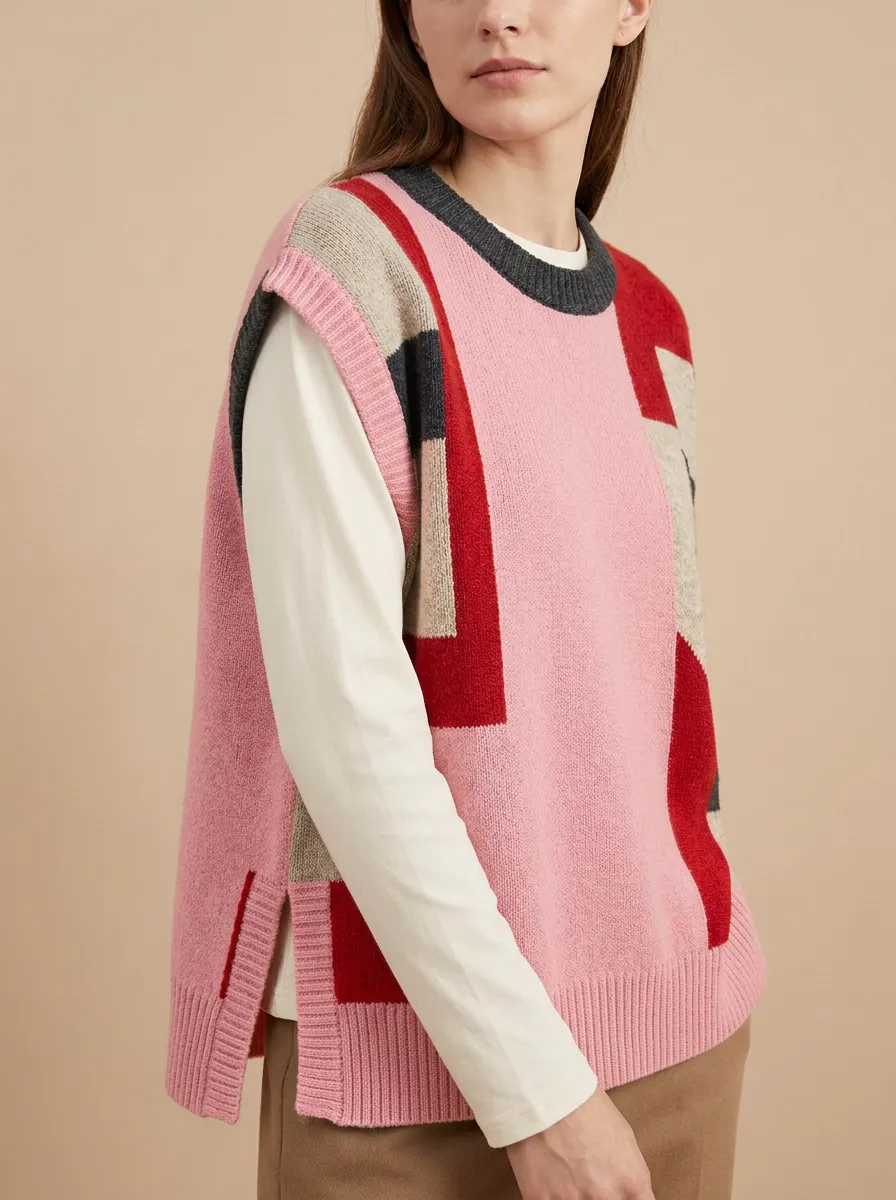 Relaxed Geometric Colorblock Sweater Vest