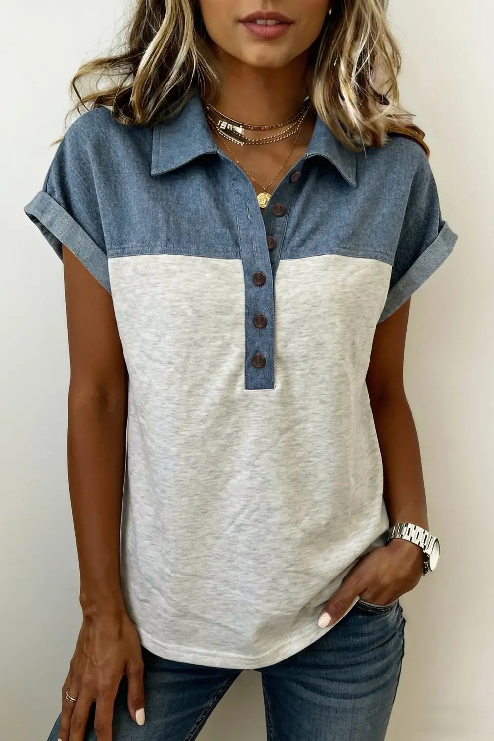Colorblock Patchwork Denim-Detail Polo Shirt