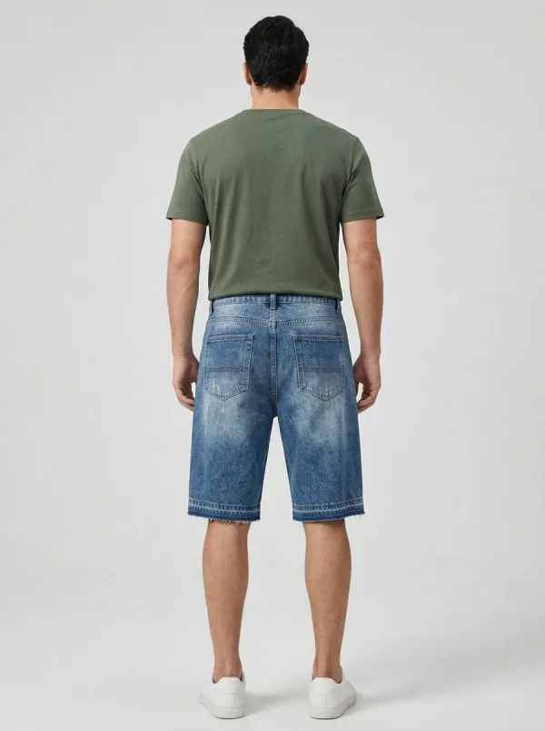 Men's Wave Patchwork Distressed Raw Hem Distressed Denim Shorts