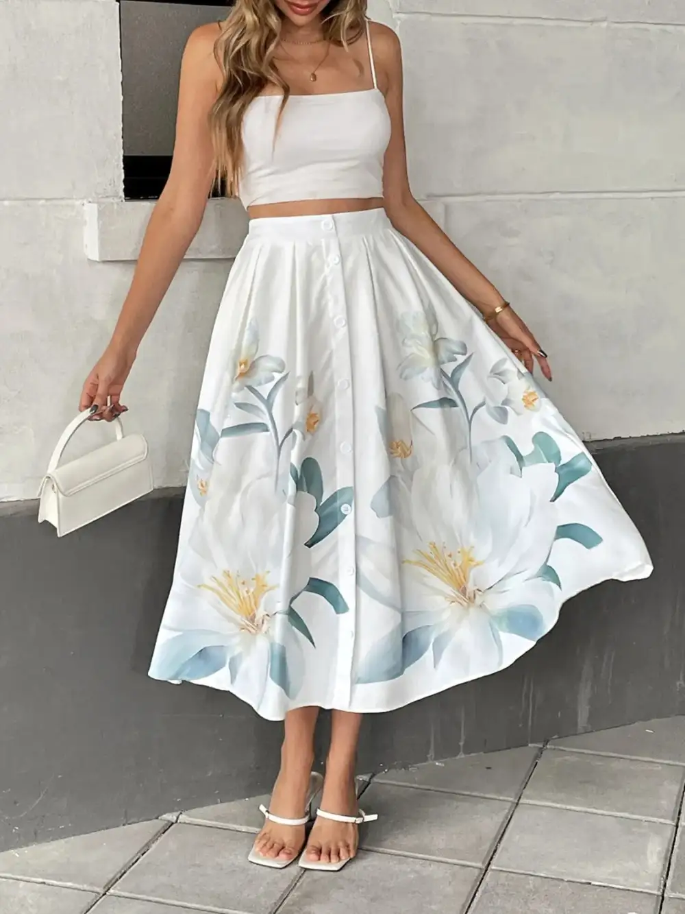 Button Front Printed Skirt