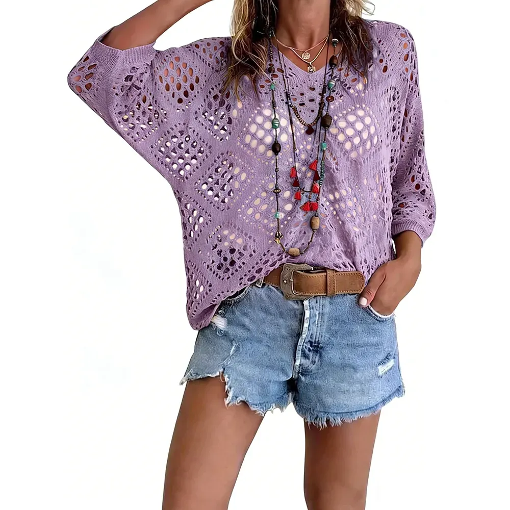 Women's Bohemian-Inspired Beige Crochet Top with V-Neck
