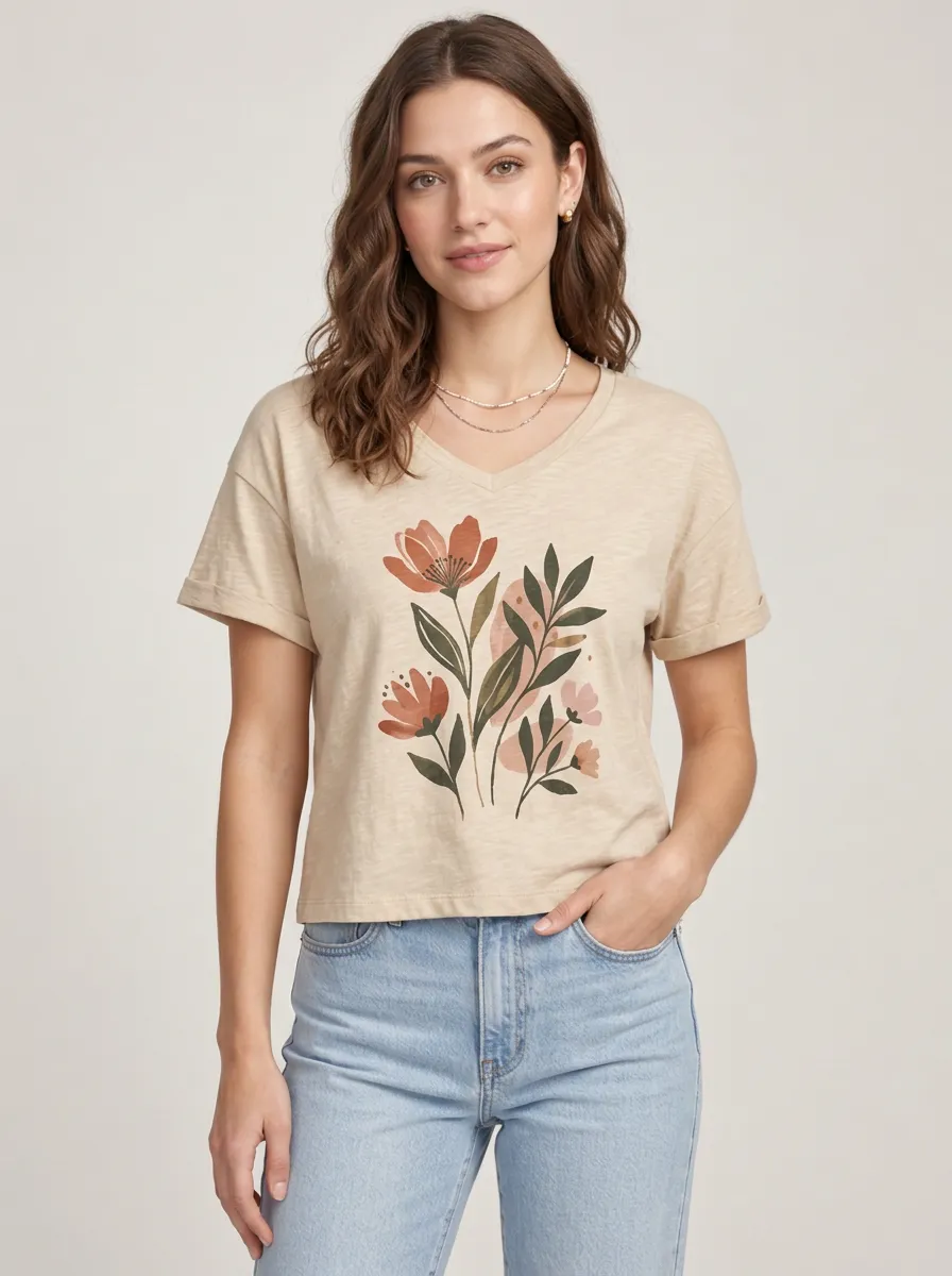 Women's Boho Botanical Floral Relaxed V-Neck Printed Tee