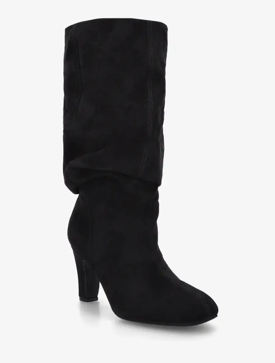 Polished Block Heel Ruched Faux Suede Knee High Boots