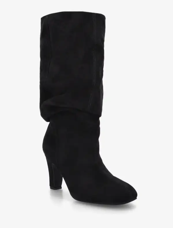 Polished Block Heel Ruched Faux Suede Knee High Boots