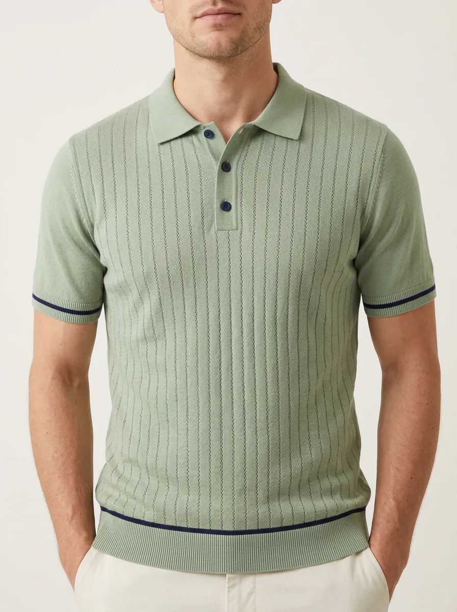 Men's Modern Knit Ribbed Textured Striped Polo Shirt