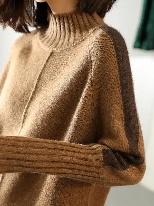 Relaxed Long Sleeve Contrast Color Half Turtleneck Sweater Dress