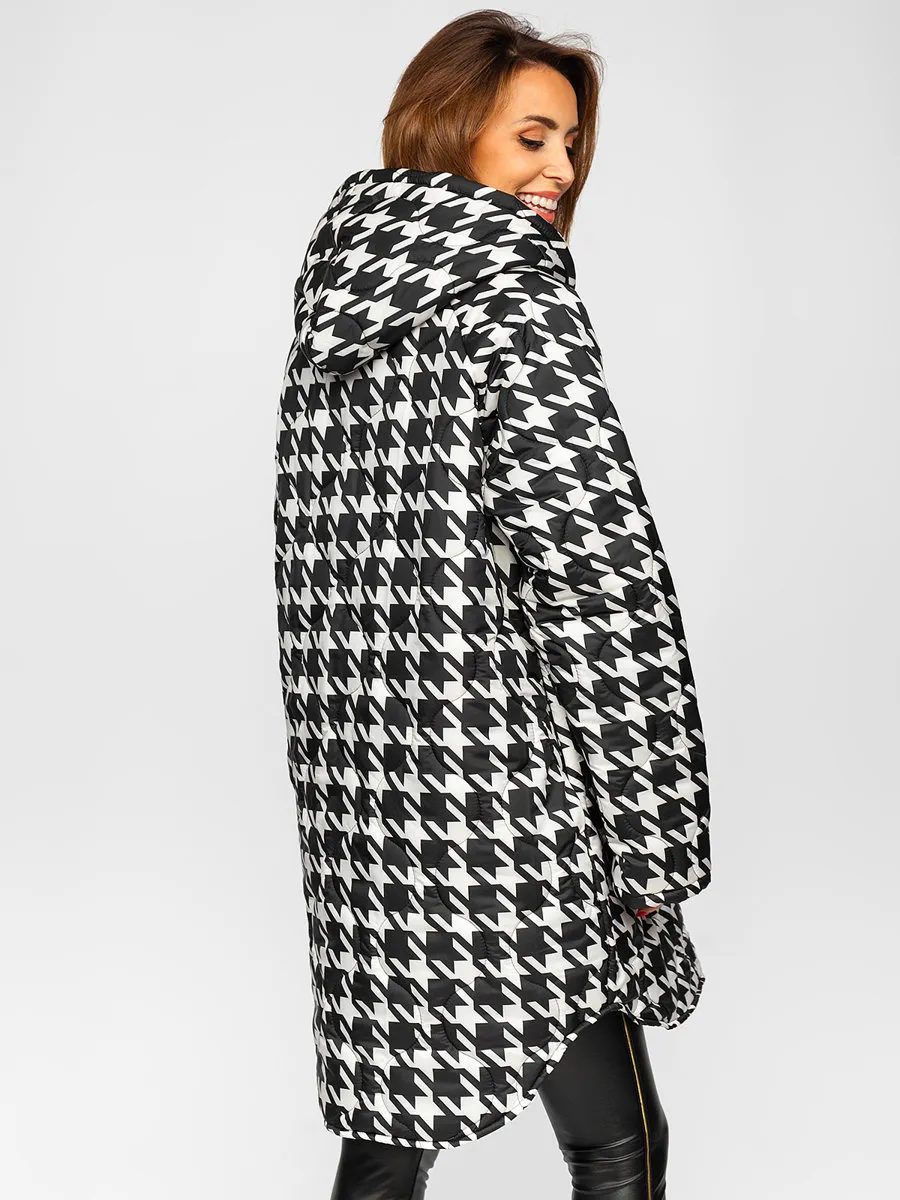 Black and white women's quilted winter jacket with hood