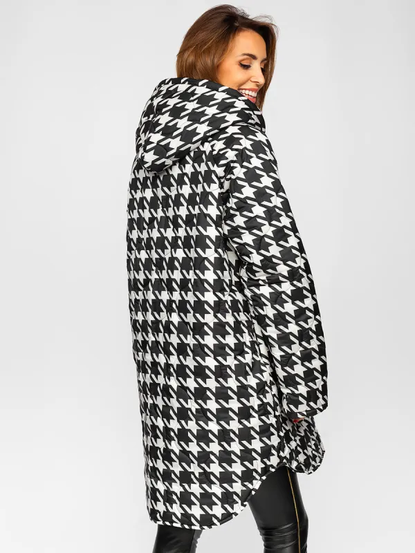 Black and white women's quilted winter jacket with hood