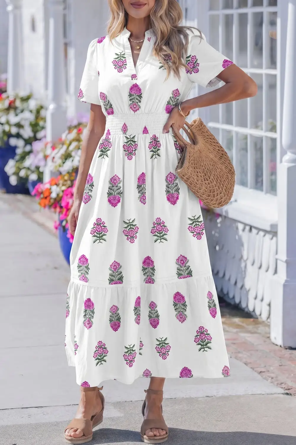 Polished Detail Floral Printed Split Neck Maxi Dress
