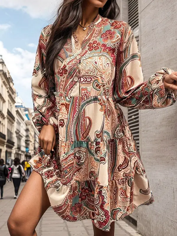 Long Sleeve Relaxed Buttoned Flower Print Split Joint V Neck Mini