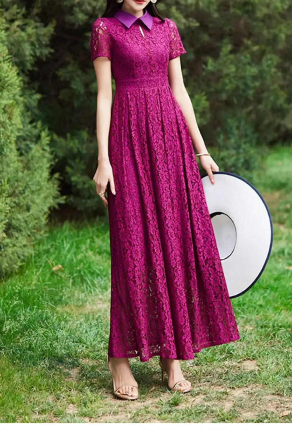 Polyester Lapel Collar Short Sleeve Maxi Dress