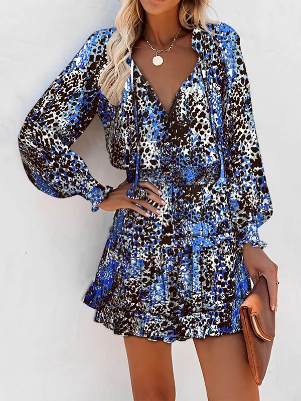 A Line Long Sleeve Contrast Color Leopard Pleated Split Joint Tied