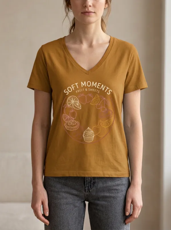 Women's Fruit And Sweets Soft Moments Print V-Neck T-Shirt