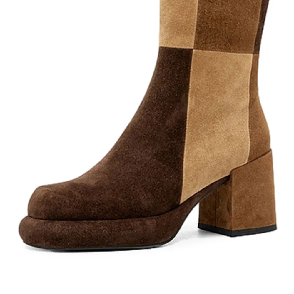 Faux-Suede Zip-Up Patchwork Round-Toe Knee-High Boots