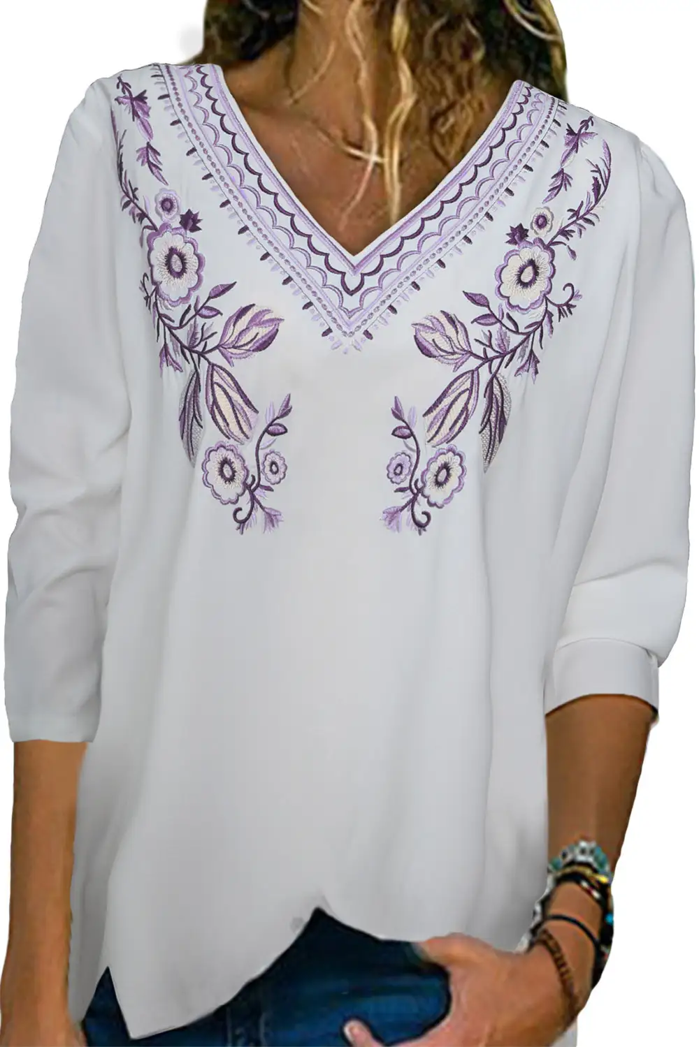 Embroidered V Neck Blouse