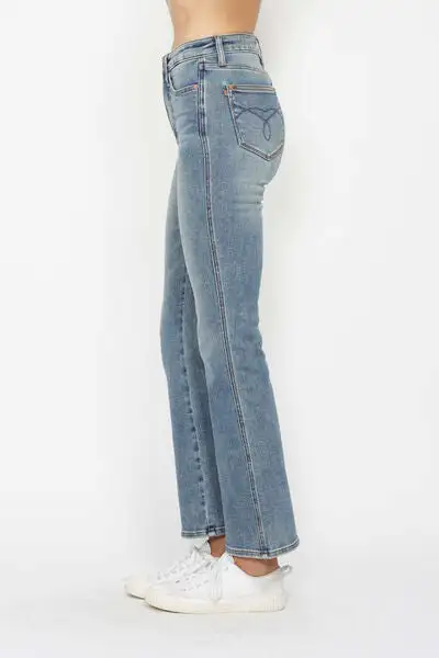 Tummy Control Back Embroidered Pocket Bootcut Denim Jeans