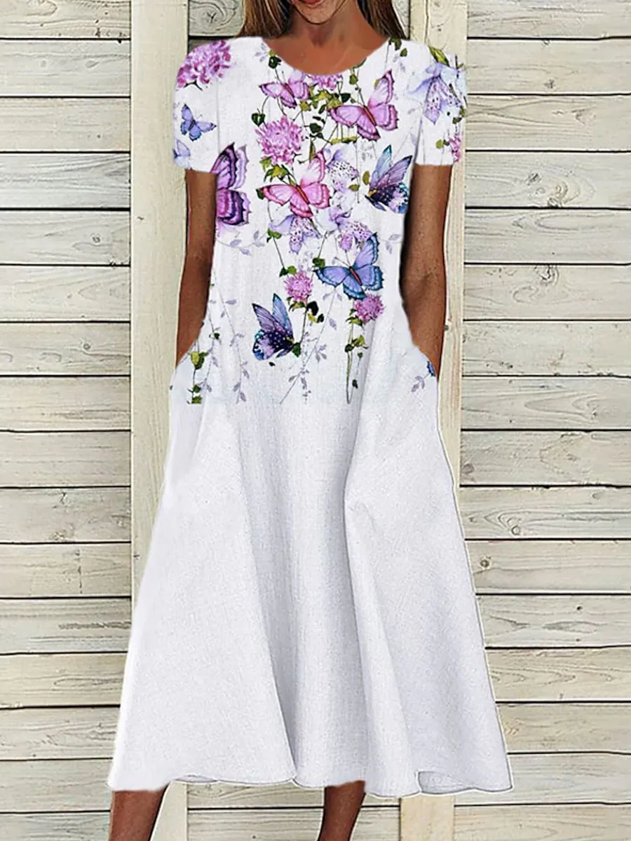 Round Neck Loose Casual Floral Print Short Sleeve Midi Dress