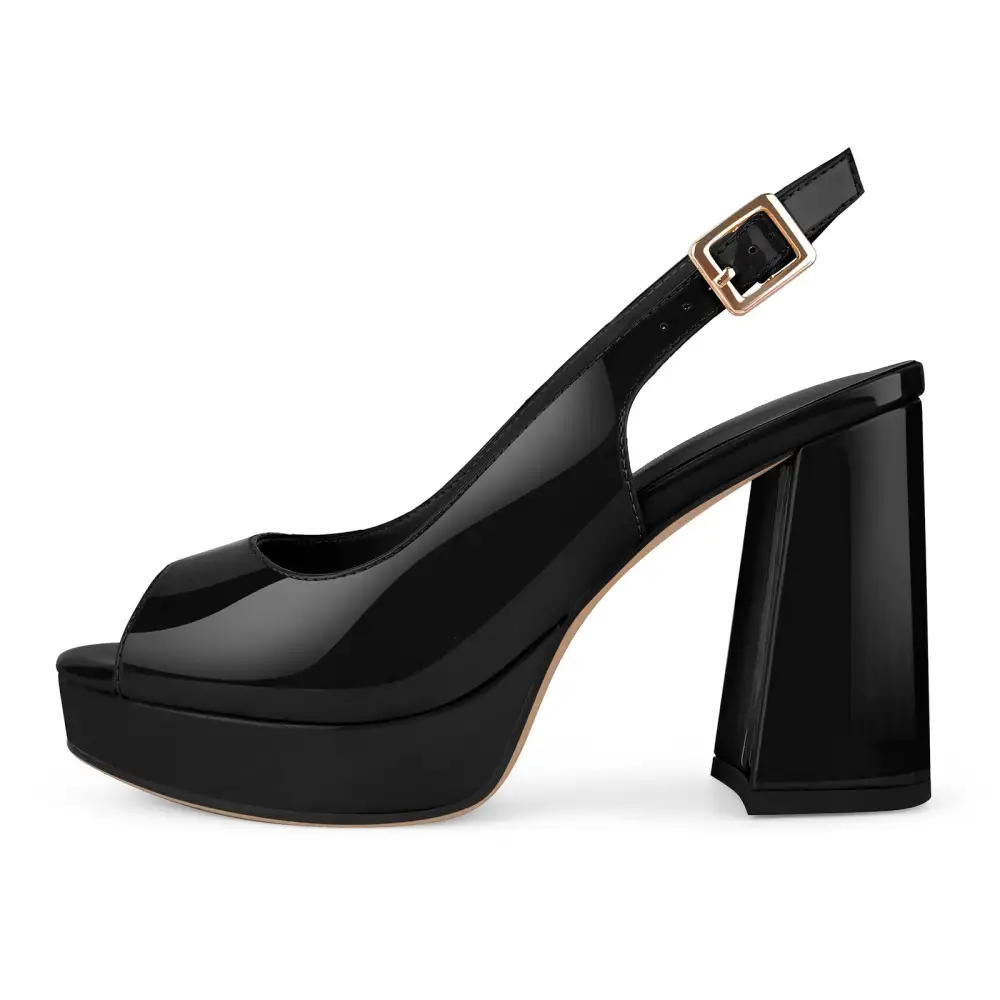 Patent Finish Peep Toe Platform Chunky Heel Slingback Pumps