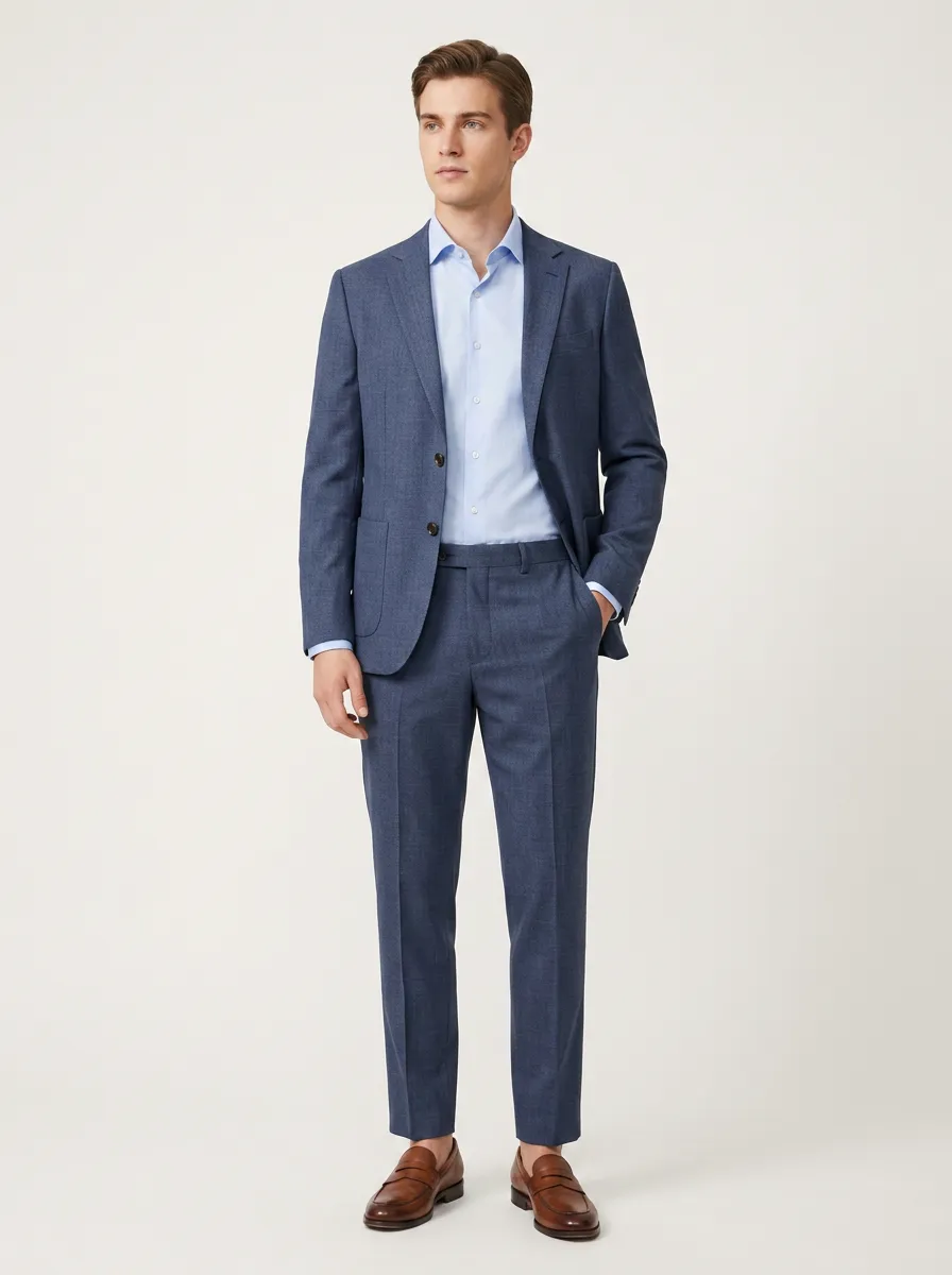 Men's Notched Lapel Business Formal Navy Blue Solid Two-Piece Suit