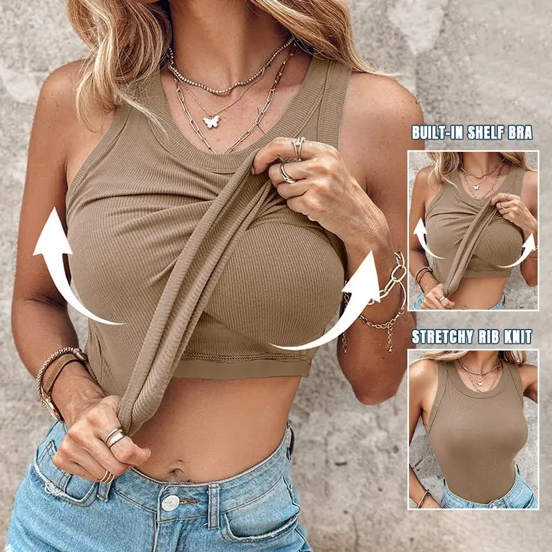 Women Everyday Basic Ribbed Built-in Bra Tank