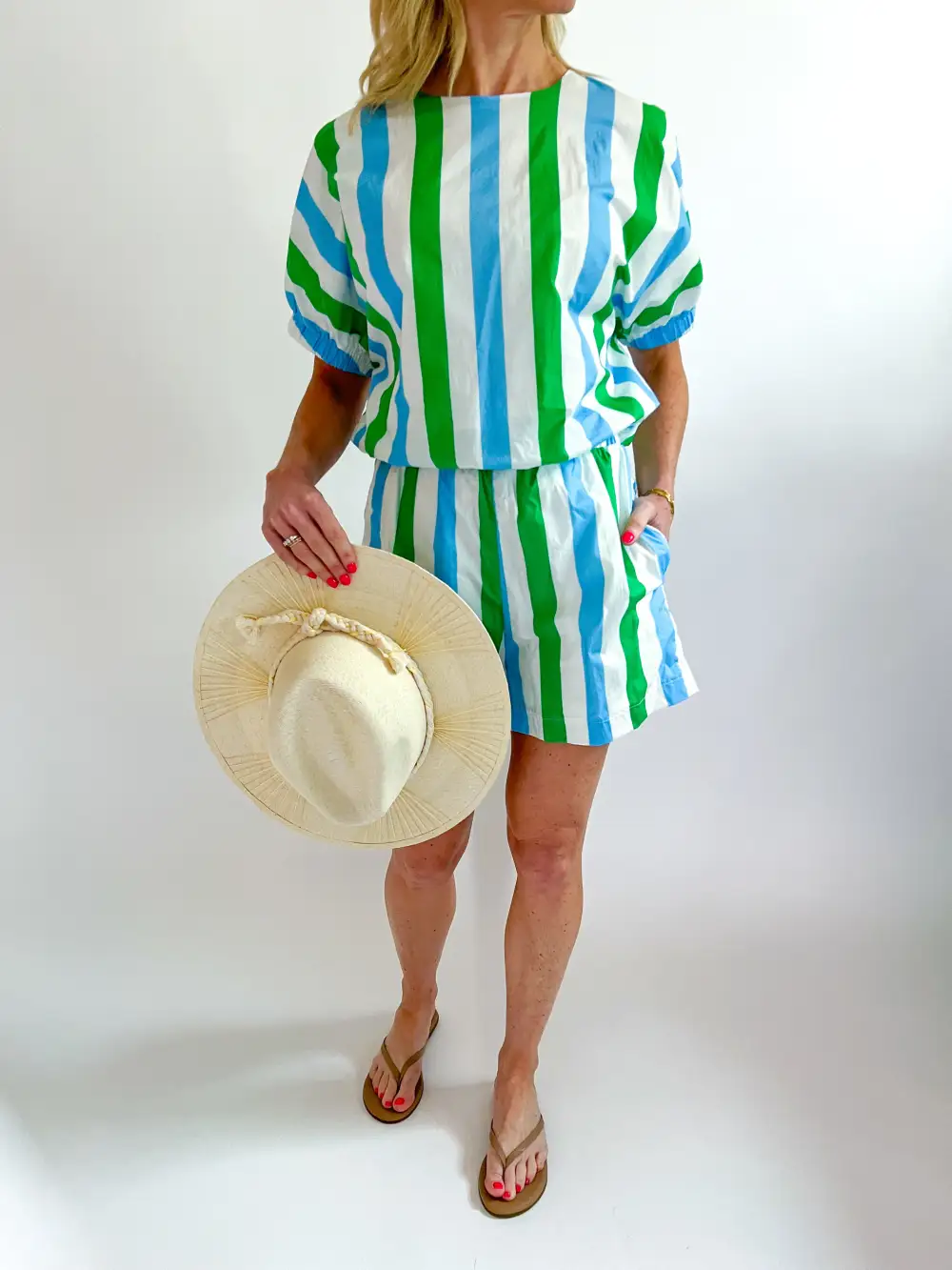 Striped High Waist Top And Shorts Set