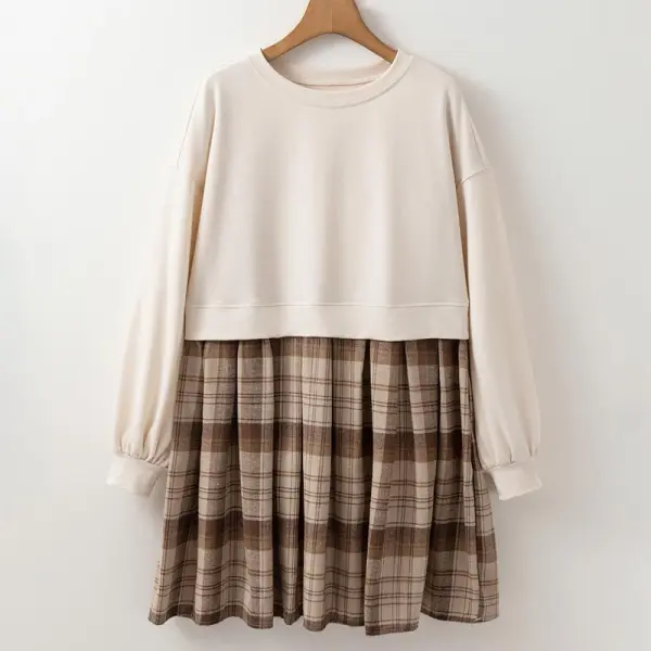 Beige Plaid Patchwork High Waist Sweatshirt Mini Dress