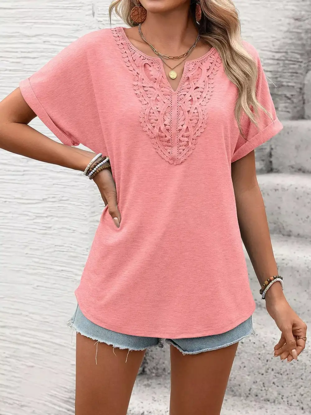 Lace Trim Detail Short Sleeve T-Shirt