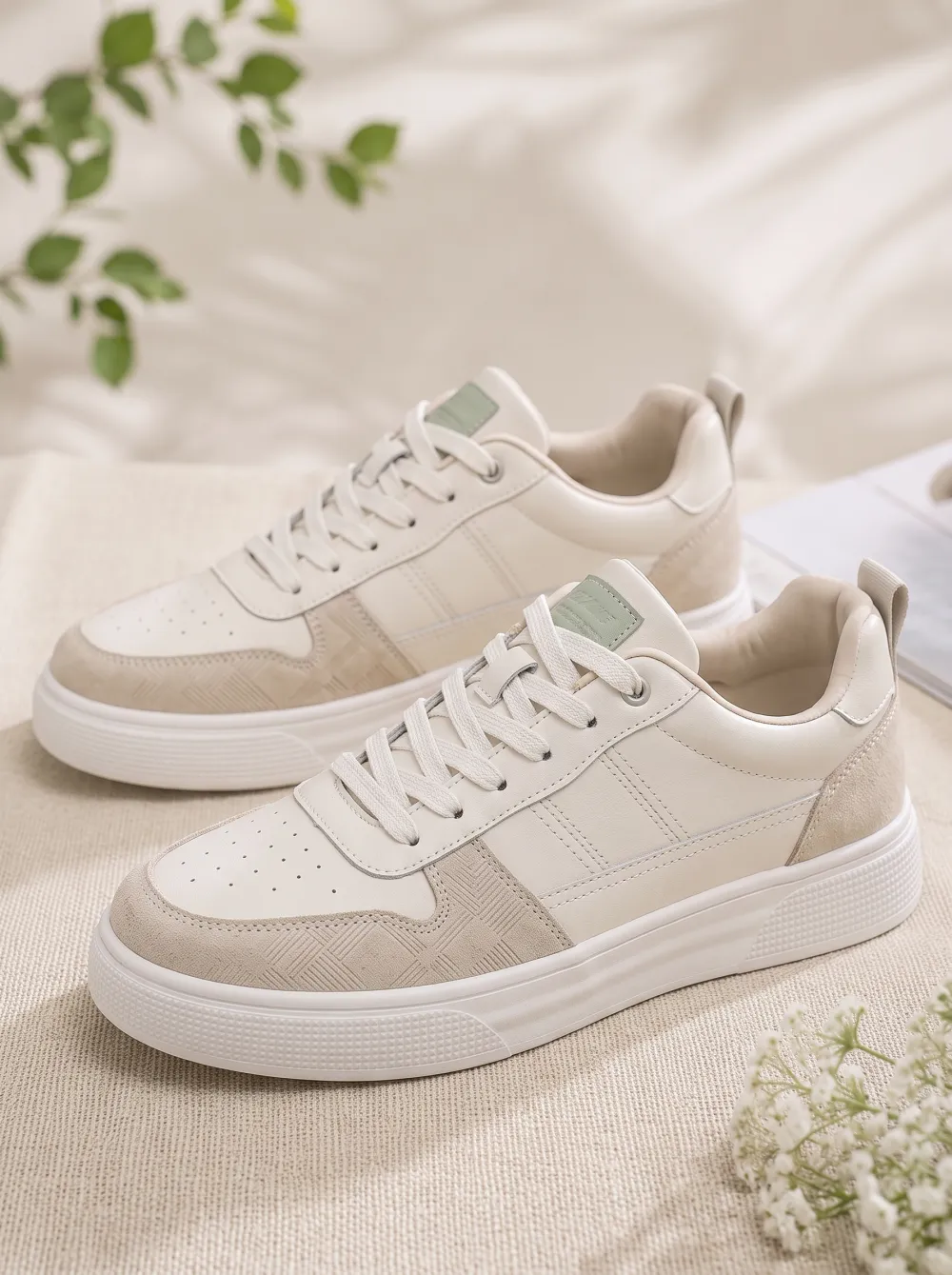 Men's Beige Minimalist Suede Patchwork Printed Sneakers