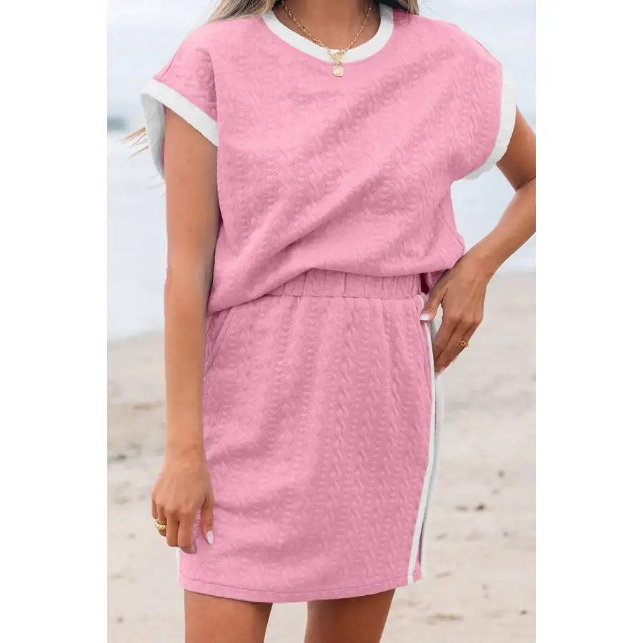 Textured Round Neck Top and Skirt Set