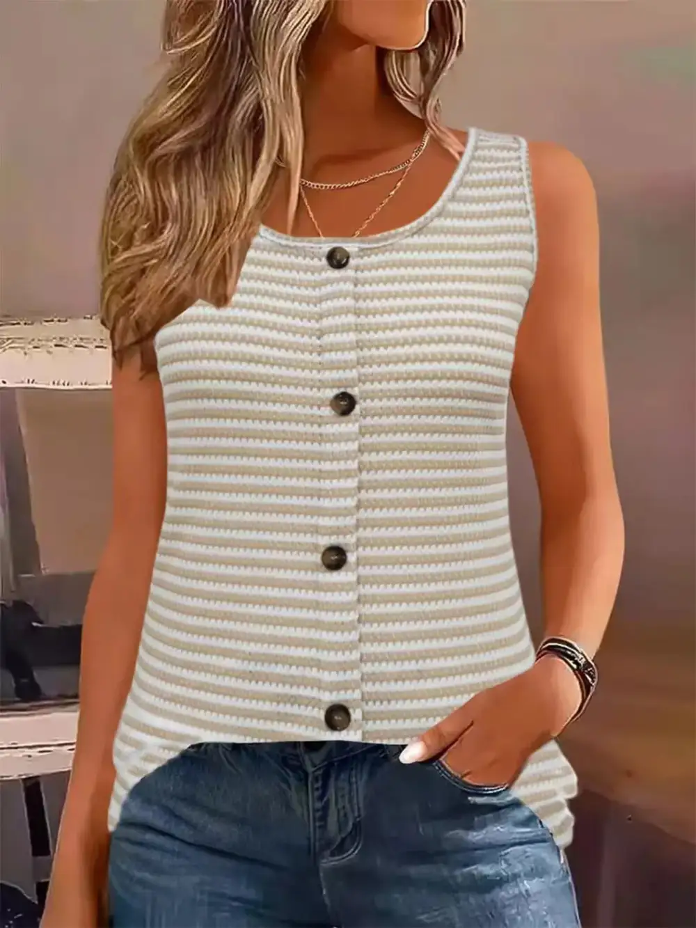 Striped Button-Front Knit Tank Top
