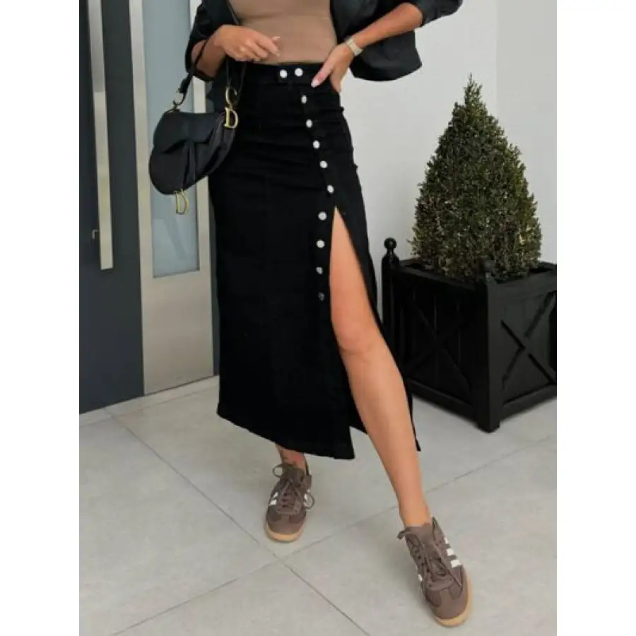 Front Button Slit Midi Denim Skirt