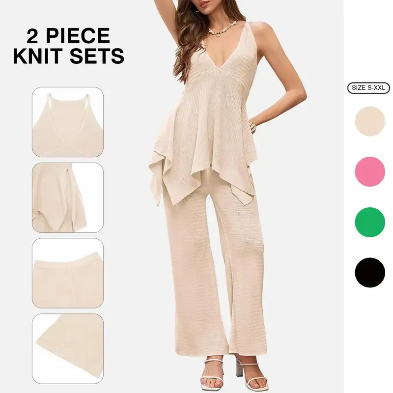 Women's Deep V-neck Flowy Camisole Knit Set