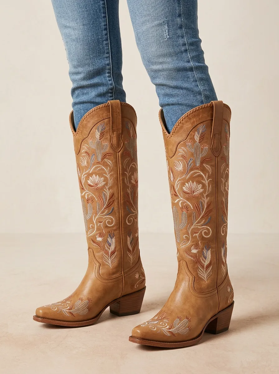 Women's Western Floral Feather Embroidered Block-Heel Stacked-Heel Denim Over-the-Knee Boots