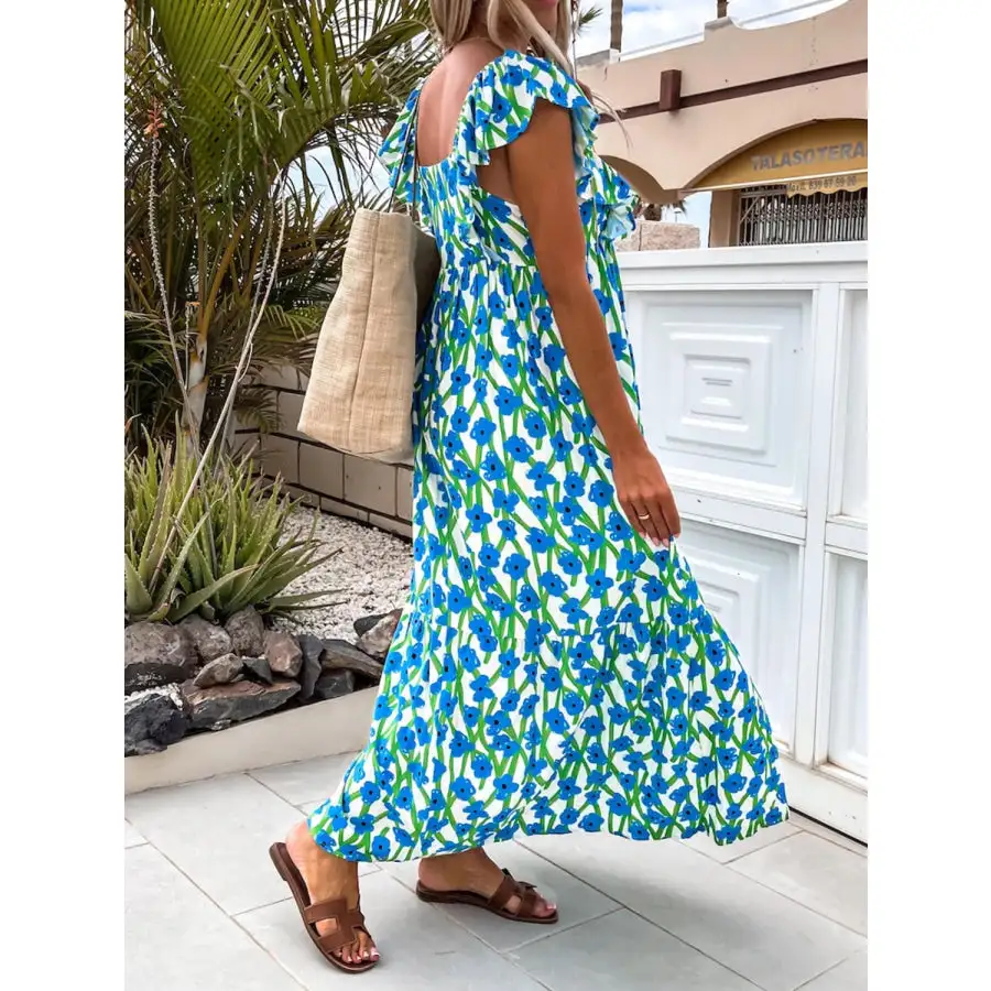 Ruffled Printed Cap Sleeve Midi Dress