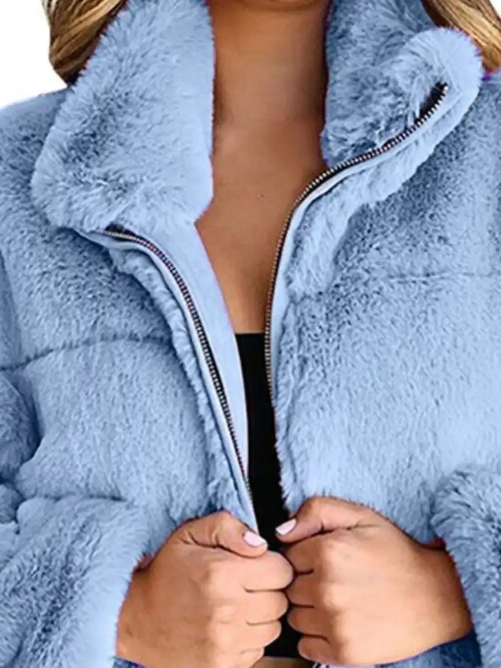 Full Size Faux Fur Cropped Zip-up Jacket Plus Size